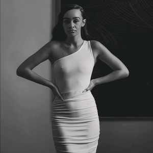 One shoulder white gown